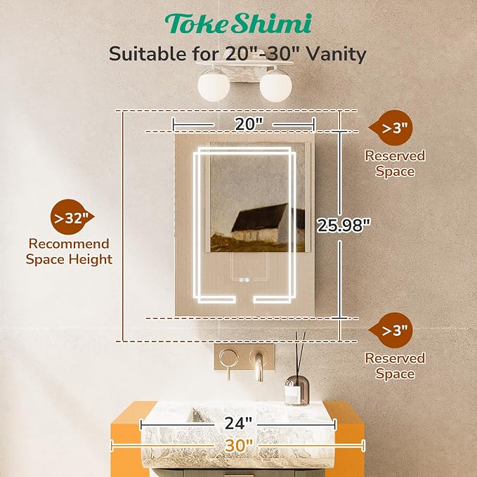 TokeShimi Lighted Medicine Cabinet 20x26, 3 Color Tempered LED Medicine Cabinet - Image 3