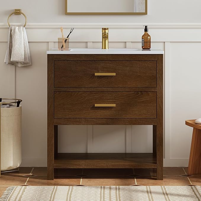 30 Inch Bathroom Vanity with Sink, Farmhouse Storage Cabinet with Drawers & by DELUXELIVING