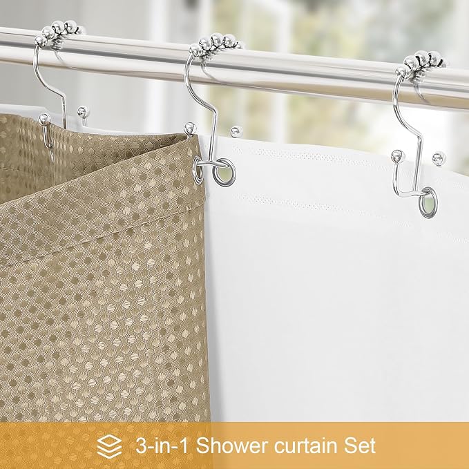 3 in 1 Stall Half Size Beige Shower Curtain Set-36 W x 72 H, Tan Waffle - Image 2