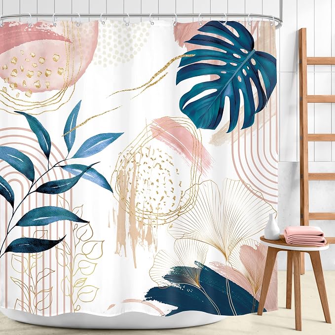 Pink Blue Boho Shower Curtain Modern Abstract Tropical Palm Leaves Bohemian - Image 2