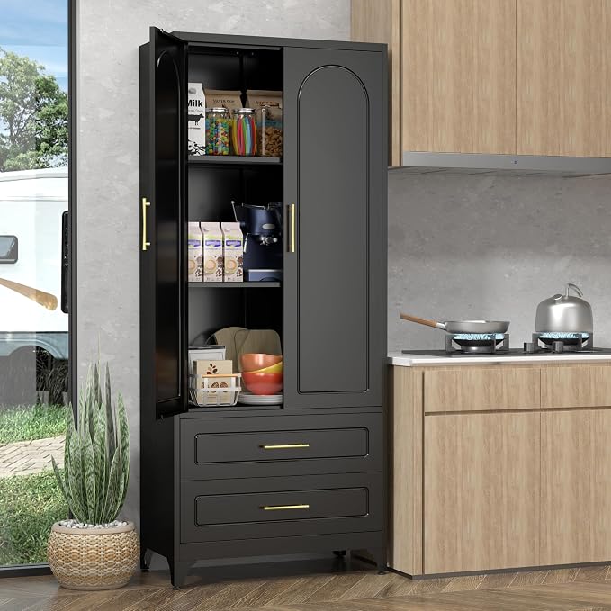 Pantry Kitchen Cabinet with Drawer, Metal Storage Cabinets with Doors and - Image 2