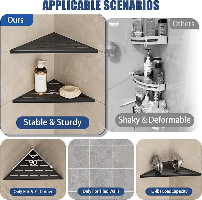 Neodrain 12 Inch Matte Black Corner Shelf Set of 2, Shower Shelves - Image 5
