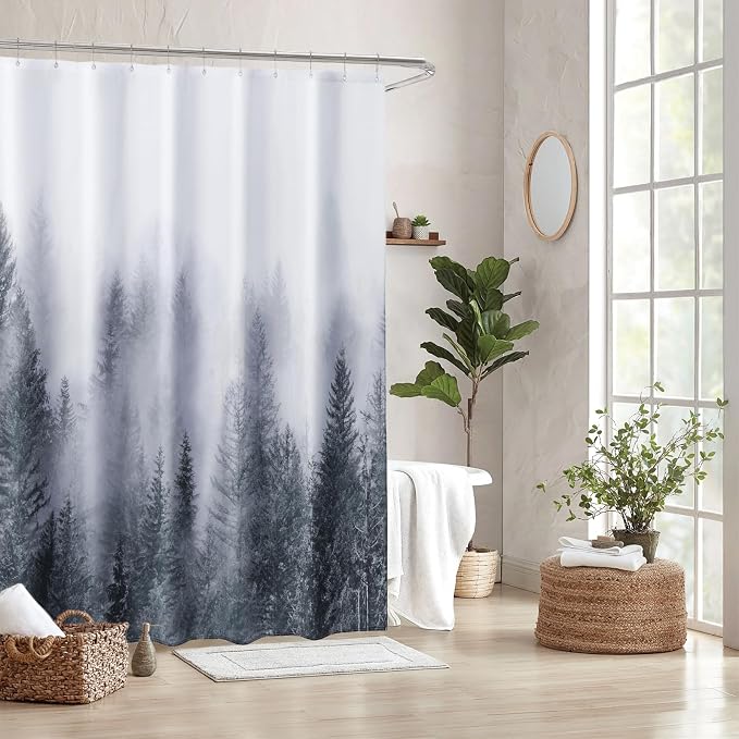 ORTIGIA Grey Shower Curtain for Bathroom, Misty Forest Shower Curtain Set - Image 8