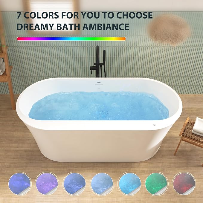 FerdY Mauritius 67 Inch Acrylic Freestanding Whirlpool Bathtub, Oval - Image 4