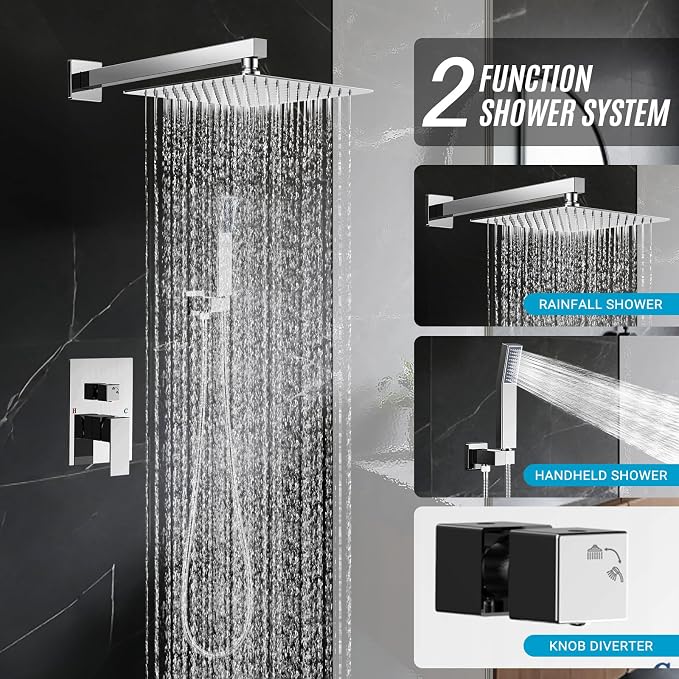 Shower Faucet set with Shower head, Wall Mount 10 Inch Square Rainfall Shower - Image 2