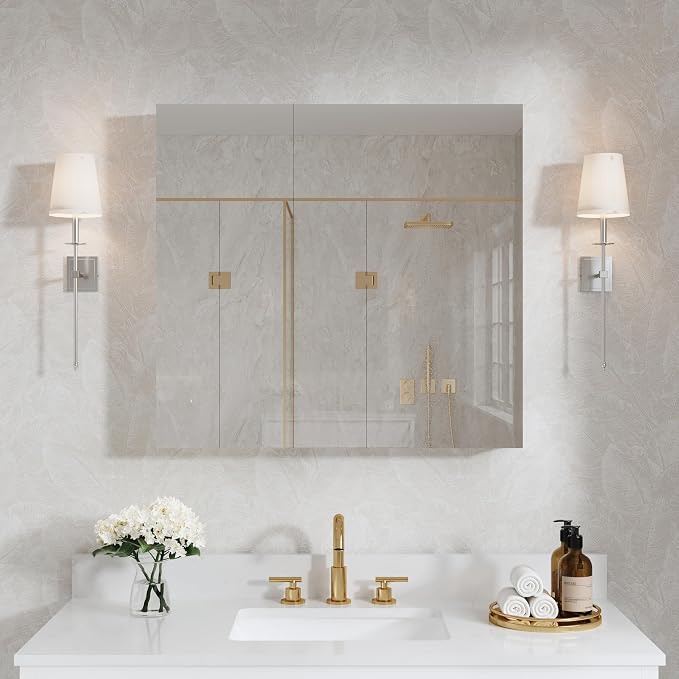 WELLFOR 32" x 30" Rectangle Medicine Cabinet Mirror, Surface Mount or Recessed - Image 10