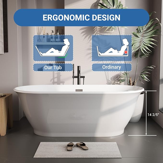Freestanding Bath Tub 67 Inch Acrylic Oval Soaking Tub – Extra Large - Image 4