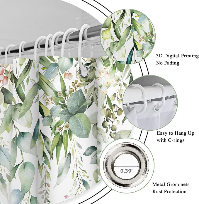 Riyidecor Sage Green Eucalyptus Shower Curtain, Fabric Cloth Bathroom Curtains - Image 5