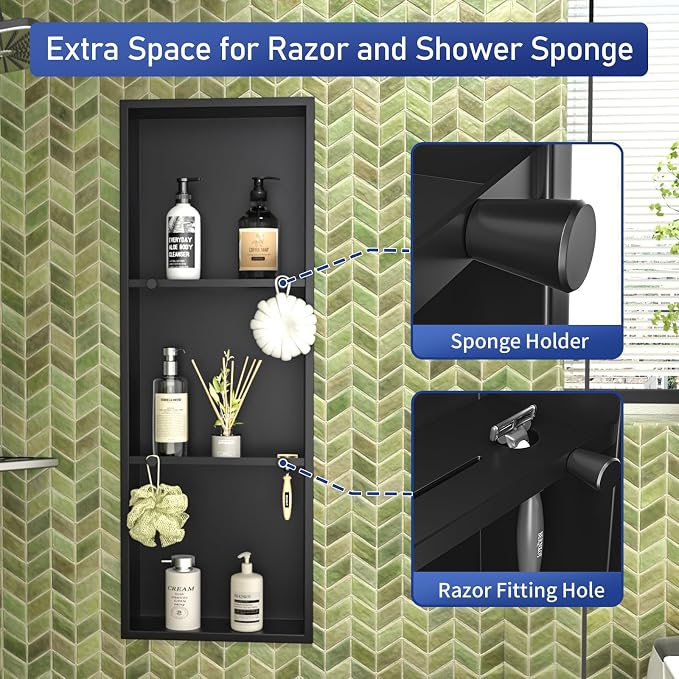 Stainless Steel Shower Niche w/Hooks, Wall Vertical Niche Without Tiling - Image 4