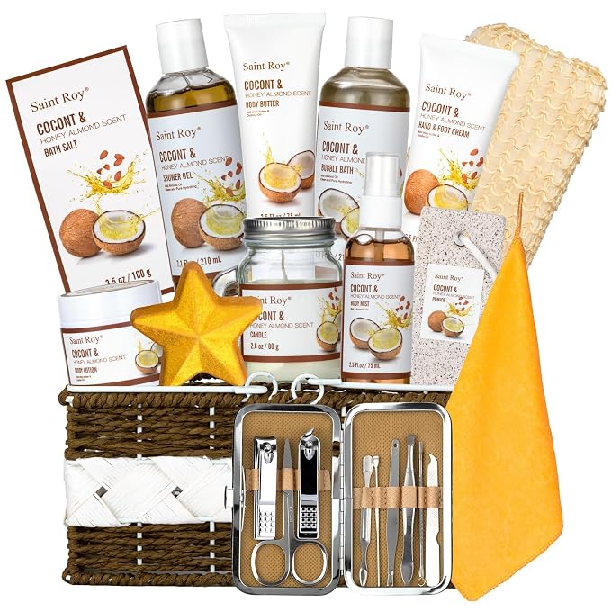 Spa Gift Basket Luxury Bath and Body Basket Set 17-Piece Coconut Honey Almond by SaintRoy
