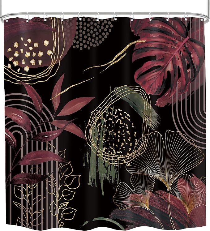 Black Burgundy Boho Shower Curtain 72Wx72H Mid Century Modern Abstract - Image 5
