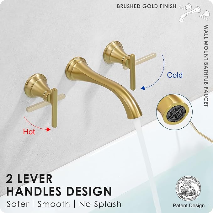 Wall Mount Tub Faucet, High Flow Solid Brass Brushed Gold Bathtub Faucet - Image 3