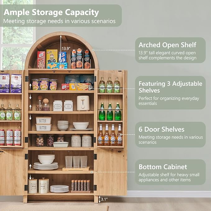71" Tall Arched Bathroom Storage Cabinet, Modern Fluted Storage Cabinet w/Doors - Image 4