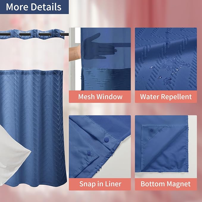 Hookless Shower Curtain with Snap in Liner 71" x 86" Double-Layer Waterproof - Image 3
