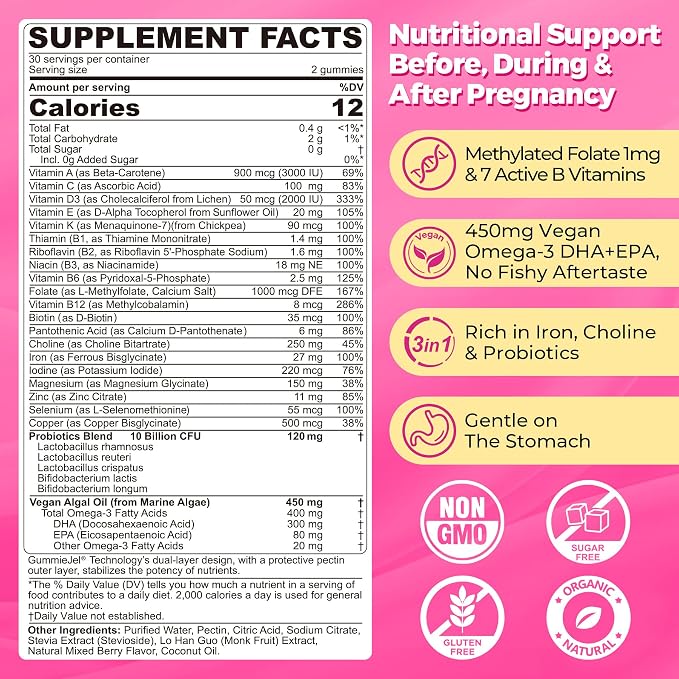 Prenatal Vitamins for Women Multivitamin Gummies w/ Methylfolate 1mg, Choline - Image 2