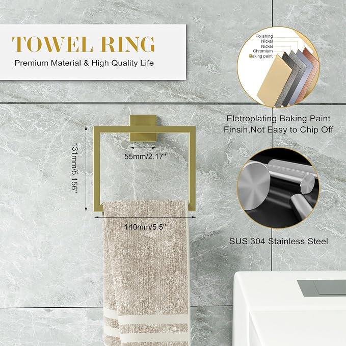 Bathroom Accessory Towel Bar Set: 5 Pieces Gold Bathroom Hardware Square SUS304 - Image 3