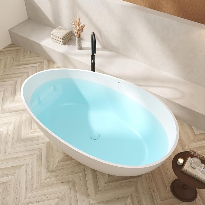 FerdY Lamu 63" Stone Resin Freestanding Bathtub, Gracefully Shaped Freestanding - Image 6