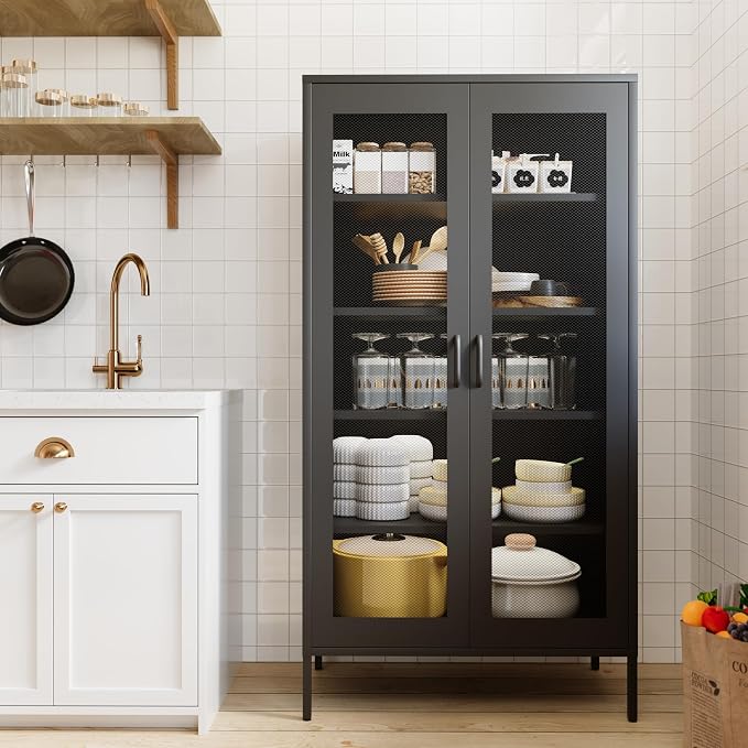 COFaR Modern Mesh Storage Cabinet, Free Standing Tall Pantry, Cupboard Metal - Image 7