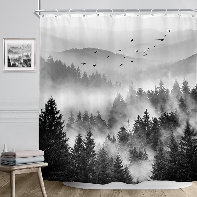 Riyidecor Extra Long Black and White Shower Curtain 72Wx78H Inch Foggy Scene - Image 3