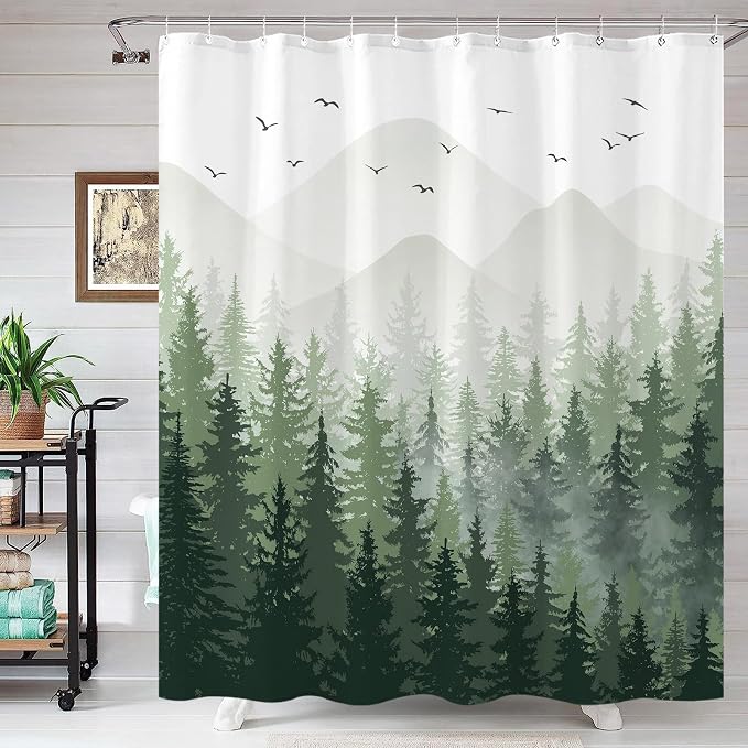 Aipon Green Misty Forest Shower Curtain Ombre Nature Tree Plants Shower - Image 2