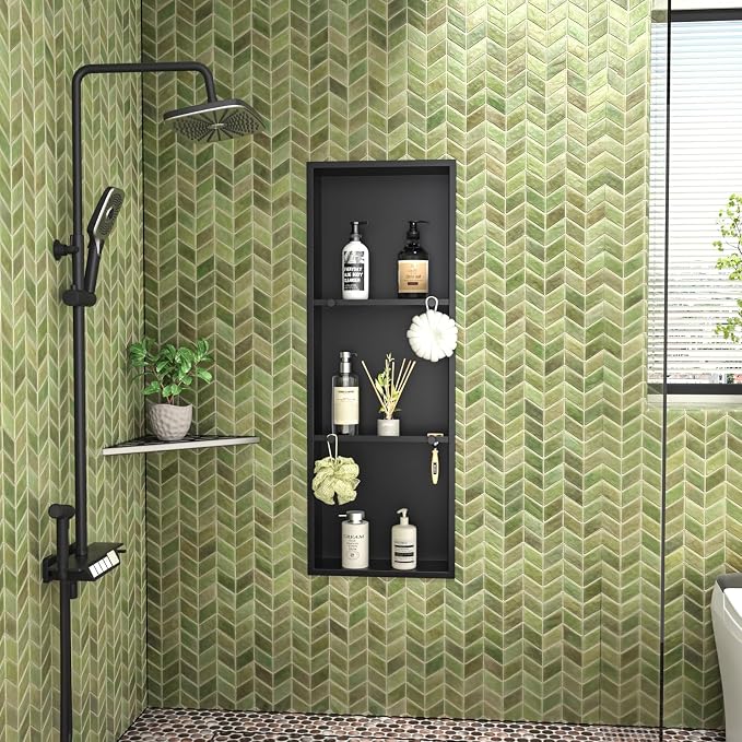 Stainless Steel Shower Niche w/Hooks, Wall Vertical Niche Without Tiling - Image 2