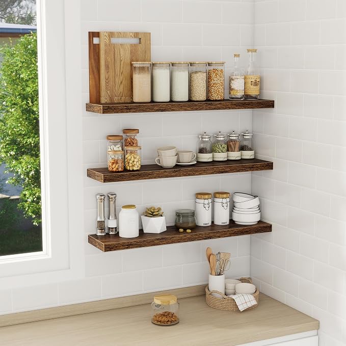 Fun Memories 32 Inch Floating Shelves Wall Shelf Set of 3, Rustic Farmhouse - Image 2