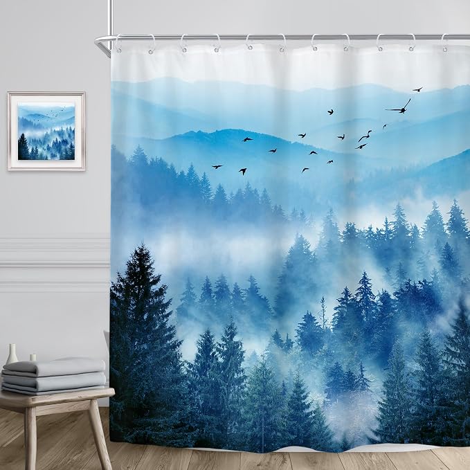 Riyidecor Navy Blue Mountain Shower Curtain 72Wx96H Inch Extra Long Nature - Image 3