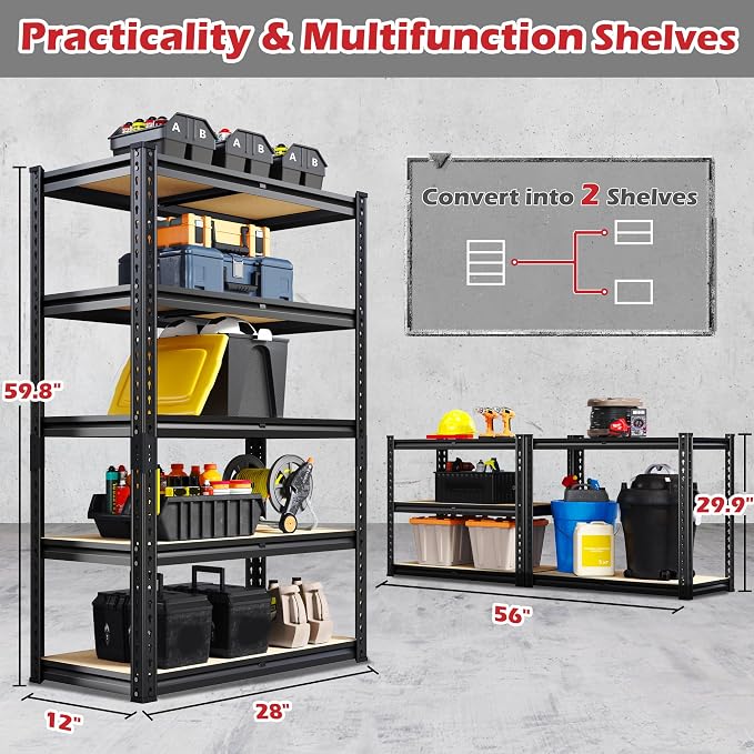 REIBII Storage Shelves 5 Tier Adjustable Garage Shelving Heavy Duty Metal - Image 3