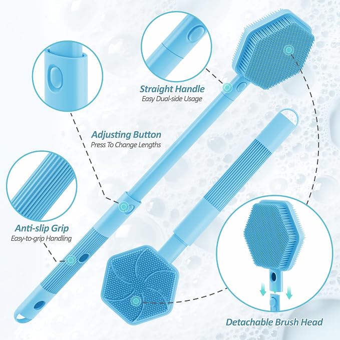 Silicone Back/Face Scrubber & Bath Glove Set 3PCS, Extendable Back Scrubber - Image 3