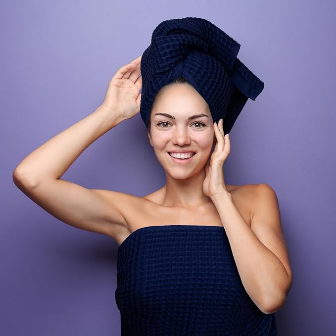 PÜSKÜL Organic Waffle Kitchen Towel 100% Turkish Cotton Set of 3 Navy Blue - Image 5