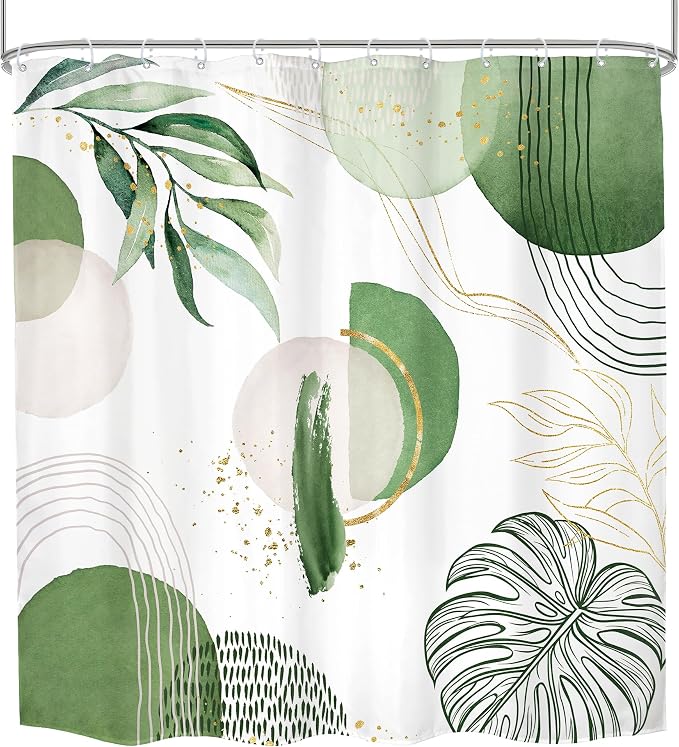 Green Boho Shower Curtain 72Wx72H Mid Century Modern Abstract Gold Olive - Image 7