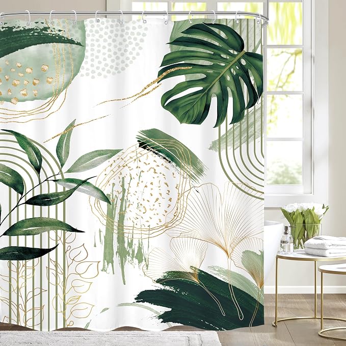 Green Boho Shower Curtain 72Wx96H Extra Long Sage Green Modern Mid Century by MitpokBrand