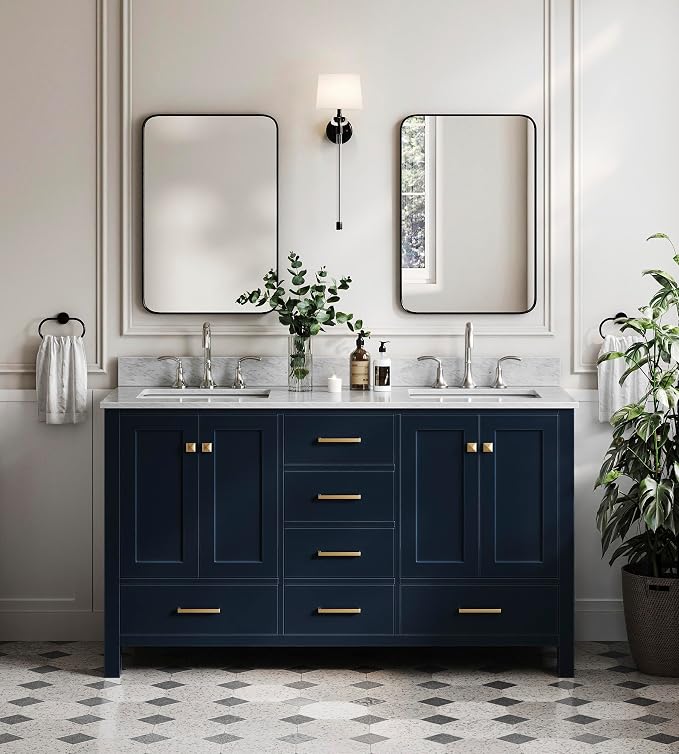 ARIEL Cambridge 61 Inch Midnight Blue Bathroom Vanity Double Sink, Solid Wood by Ariel