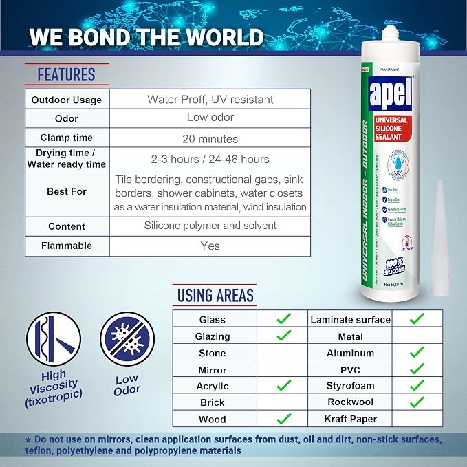 apel All Purpose Clear Silicone Sealant Waterproof, 100% Silicone Caulk - Image 6