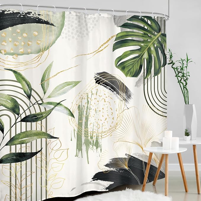 Grey Green Boho Shower Curtain 72Wx78H Long Tropical Palm Leaves Abstract - Image 3