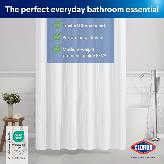 CLOROX Shower Curtain Liner, Premium Striped Medium-Weight Durable Waterproof - Image 9