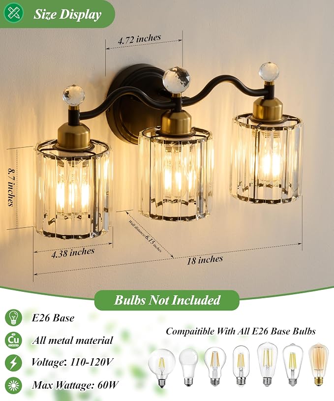 Modern Crystal Bathroom Vanity Light, Balck and Gold 3-Lights Bathroom Light - Image 3