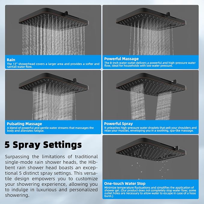 Hibbent 5-spray 13'' Dual Filtered Rainfall Shower Head Combo, High Pressure - Image 2