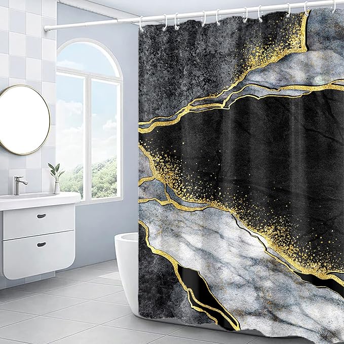 Domoku Black Gold Marble Shower Curtain, Modern Abstract Design, Waterproof - Image 6