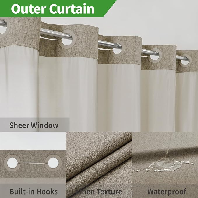 Extra Long No Hooks Needed Linen Textured Shower Curtain - Image 4