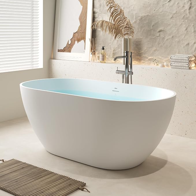 FerdY Fiji 59" Stone Resin Freestanding Bathtub, Elegant Oval Freestanding - Image 2