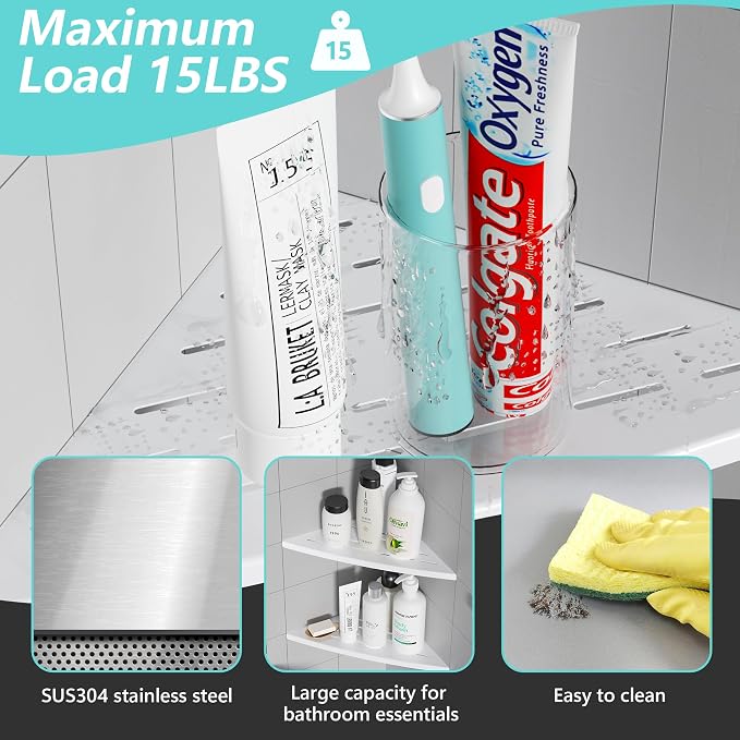Corner Shower Shelf Matte White, 304 Stainless Steel 11.5” Recessed Corner - Image 5