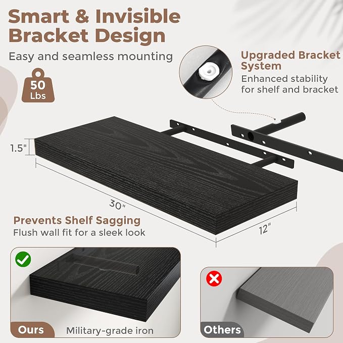 30 Inch Floating Shelves for Wall Set of 2, Easy Install Engineered Wood - Image 2