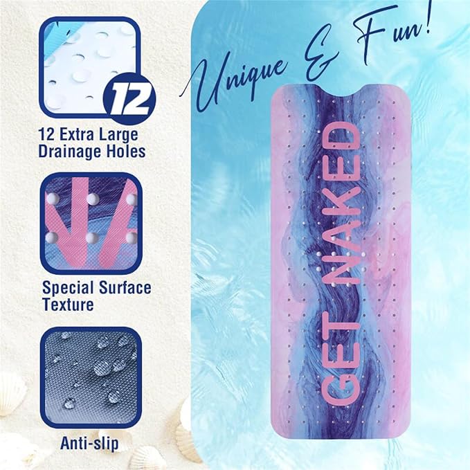 Pink Blue Bathtub Mat Non Slip 40x16in Extra Long Marble Bath Mat - Image 3