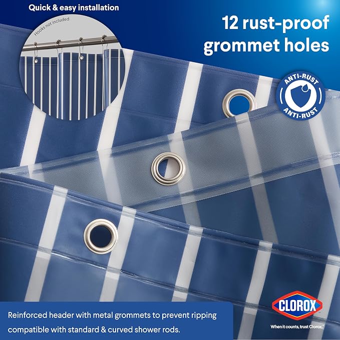 CLOROX Shower Curtain Liner, Premium Striped Medium-Weight Durable Waterproof - Image 7