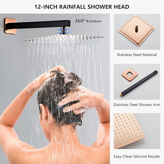 Shower Faucet Set with Tub Spout, Matte Black and Rose Gold Rainfall Shower - Image 5