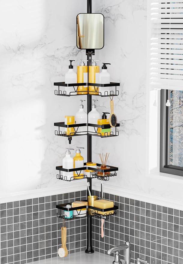 Shower Caddy Tension Pole with Anti-Fog Shaving Mirror, Tension Rod Shower by DAOYA