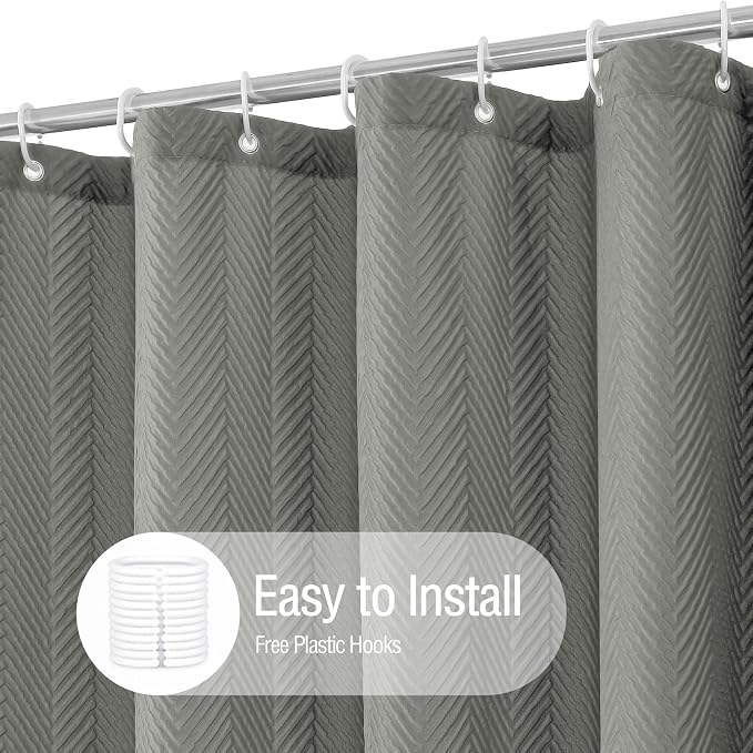 Gibelle Grey Shower Curtain, 3D Embossed Textured Herringbone Fabric Shower - Image 3