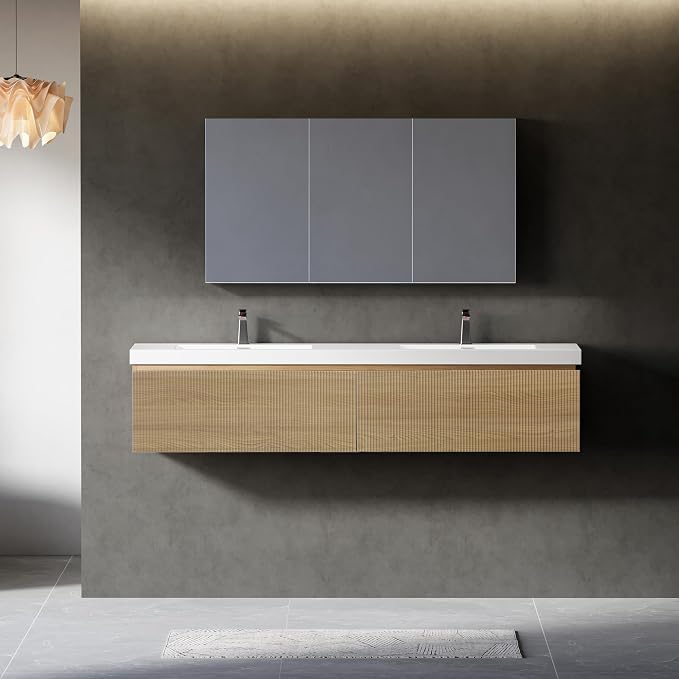 Modern 72'' Floating Bathroom Vanity Sink Combo, Wall-Mounted Striped Cabinet by VUMALL