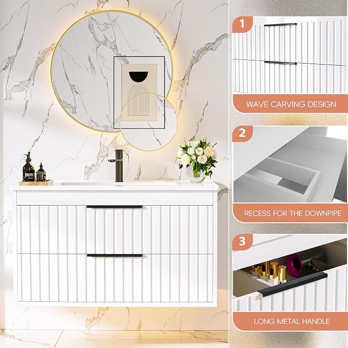 30" Bathroom Vanity with Sink, Floating Vanity Bathroom Sink Cabinet Wall Mount - Image 7